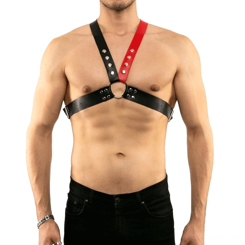 Herren Gothic Leder-Harness Schwarz & Rot Style 2, asymmetrisches Nieten-Design, Dual-Tone Chest Harness, verstellbar, Premium-Ledergeschirr mit Stahlhardware