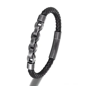 Herren Vintage-Leder-Gunmetal-Kettenarmband mit verdrehten Metallgliedern und gewebtem Lederriemen Gothic-Stil Vorderansicht