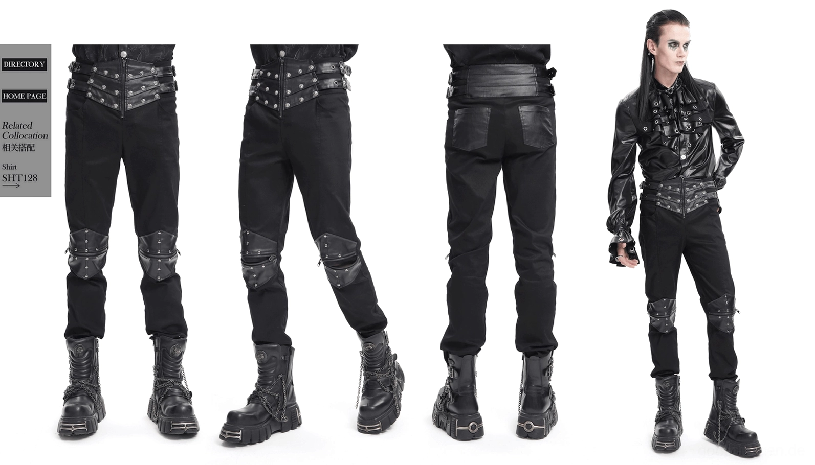 Strukturelles Design einer schwarzen Herren-Gothic Lederhose mit Metallnieten und Lederriemen