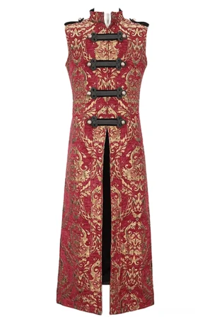 Herren Gothic-Mantel mit Stehkragen, ärmelloses Design, Vorderansicht mit weinroter Basis und goldenem Damast-Jacquard-Muster, schwarze Knoten-Verschlüsse, strategischer Vorderschlitz mit schwarzer Innenfütterung