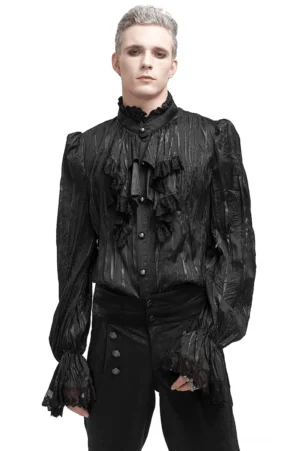 Herren Gothic Puffärmel Rüschenhemd in Schwarz vorne Modell-Ansicht mit Spitzenkragen und geprägten Metallknöpfen gotische Ästhetik