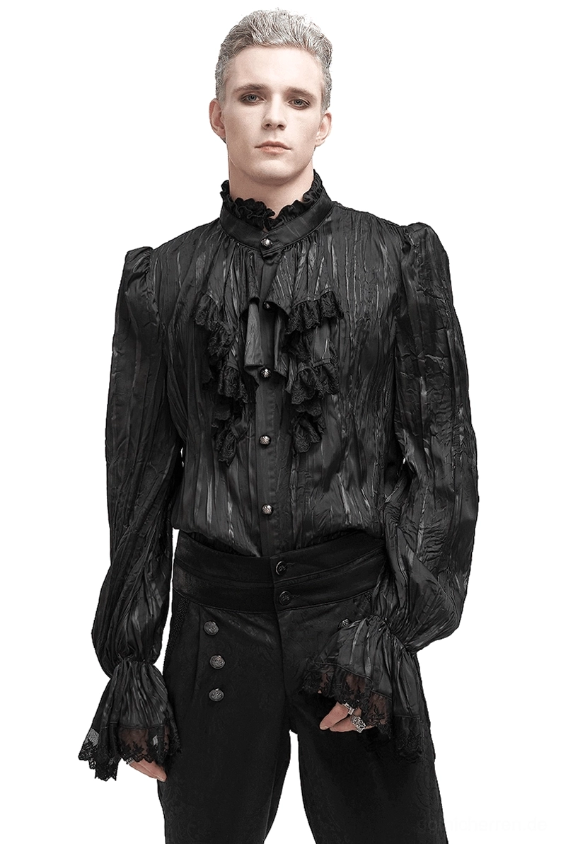 Herren Gothic Puffärmel Rüschenhemd in Schwarz vorne Modell-Ansicht mit Spitzenkragen und geprägten Metallknöpfen gotische Ästhetik