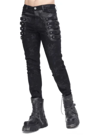 Herren Gothic-Slim-Fit Röhrenhose mit Schnallengurten und Kunstlederpanels in voller Frontansicht auf weißem Hintergrund