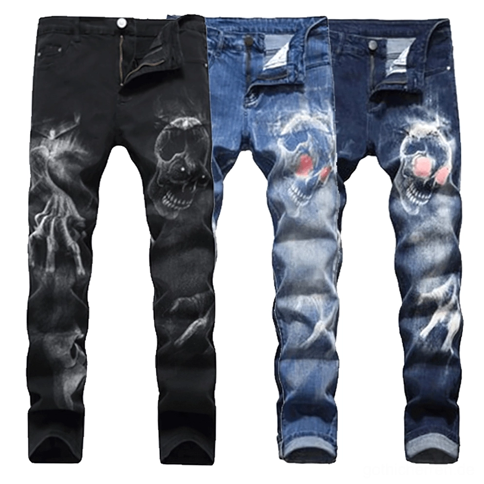 Herren-Gothic-Schädel-Jeans mit 3D-Druck in Schwarz, Navy und Hellblau - Überkopf-Flat-Lay-Ansicht mit Geisterhand-Drucken