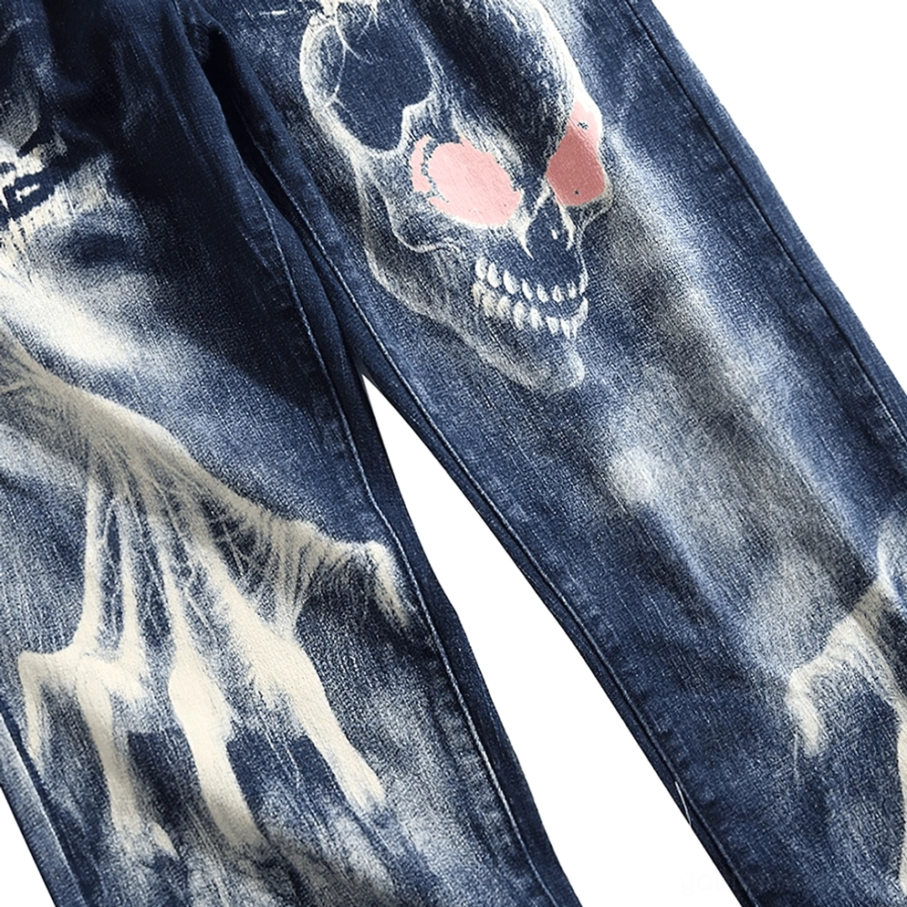 Herren-Gothic-Schädel-Jeans Größenbereich Kollektion verfügbar in Größen von XXS bis XXL/3XL - Größenspektrum Display