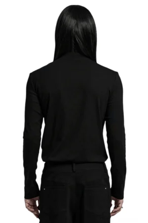 Rückansicht des Herren-Gothic-Langarm-Schnürtops zeigt sauberes schwarzes Design ohne Vorderseitenverzierungen, eng anliegender tailorierter Schnitt mit Stehkragen