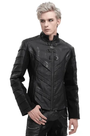 Herren Gothic Stehkragen Jacke mit zerrissener Rückseite und Metallösen - Vorderansicht auf Model in schwarzer beschichteter Canvas-Ausführung mit Industrial-Hardware
