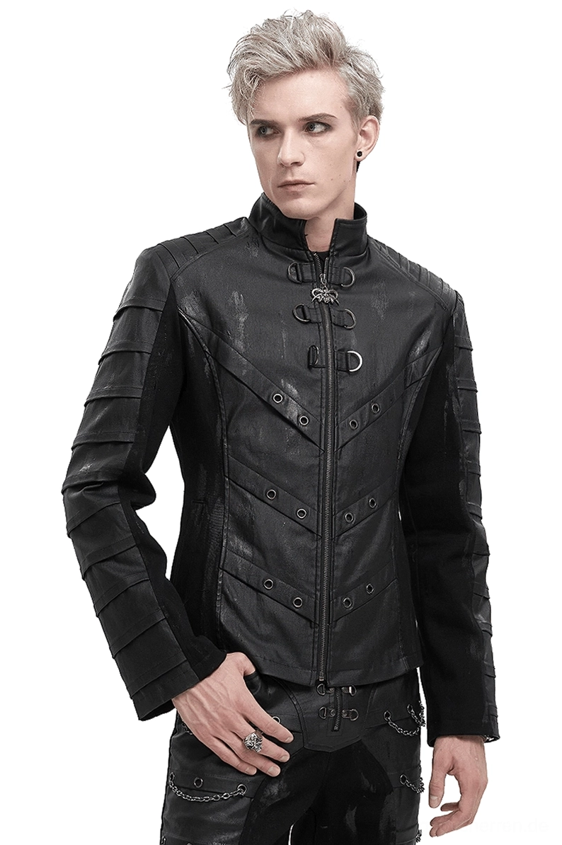 Herren Gothic Stehkragen Jacke mit zerrissener Rückseite und Metallösen - Vorderansicht auf Model in schwarzer beschichteter Canvas-Ausführung mit Industrial-Hardware