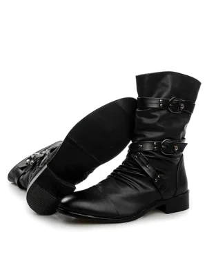 Herren-Gothic-Stiefel schwarz von hinten mit Gummi-Außensohle und Schnallenbänder Hardware Details, Mid-Calf Spitzschuh Design