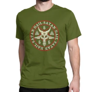 Herren Gothic T-Shirt in Olivgrün mit invertiertem Pentagramm Baphomet Hail Satan Druck und roten Symbolen vorne ansicht okkulte mode