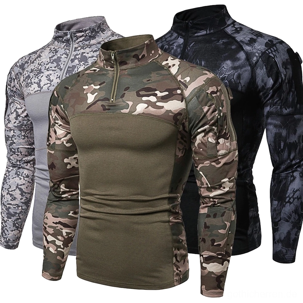 Herren Gothic Tactical Camo Pullover in Schwarz und Olivgrün mit 1/4 Zip-Kragen und Farbblock-Design, Front-Dreiviertelsicht zeigt mehrere Farbvarianten