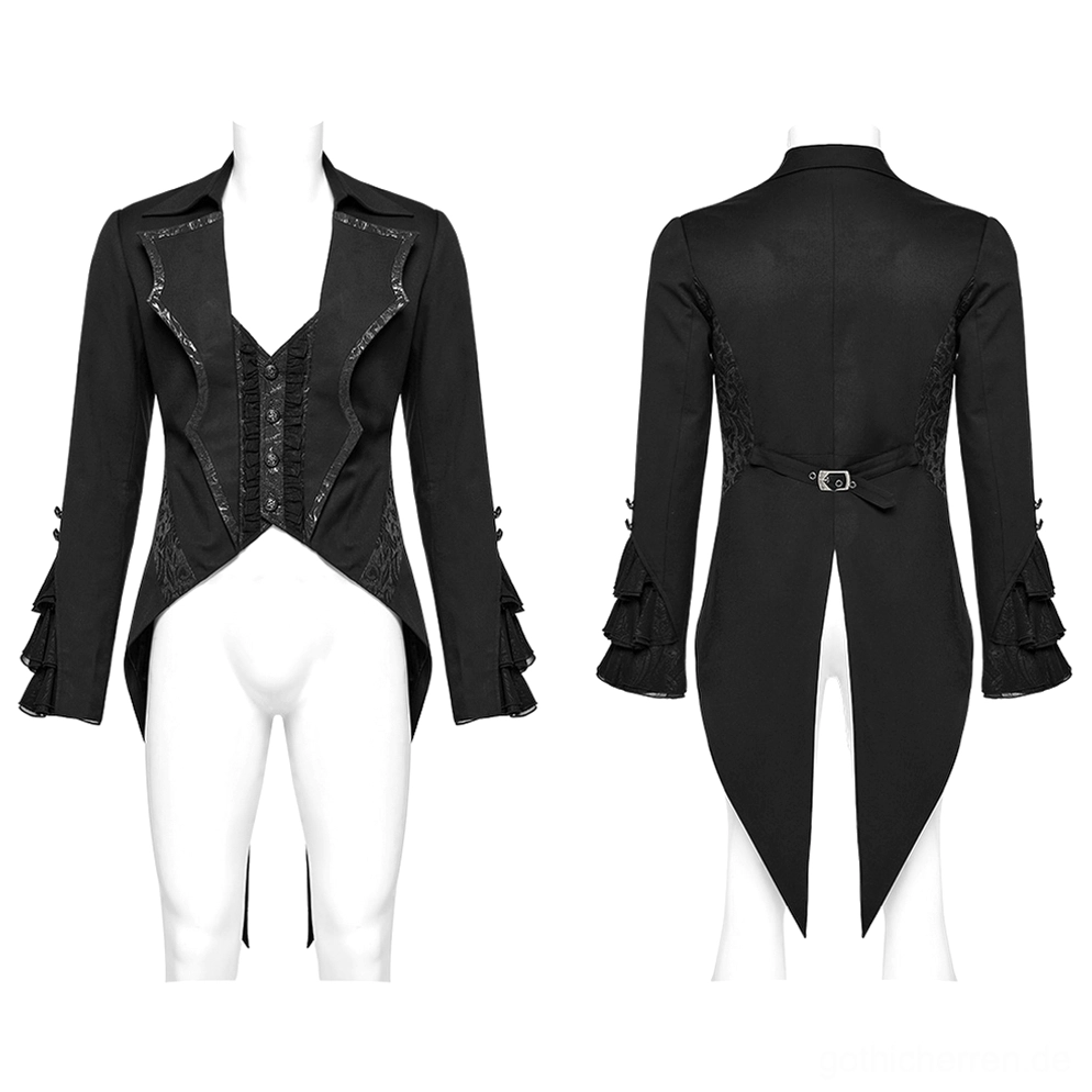 Herren-viktorianischer Gothic Tailcoat auf Schneiderpuppe, Frontansicht mit tiefem V-Ausschnitt, spitzenverziertem Fledermaus-Kragen und asymmetrischem vorderen Saum, strukturierte schwarze Jacke mit gerüschten Details