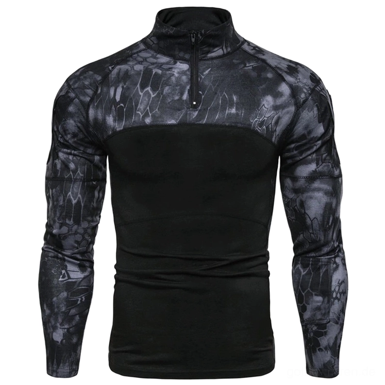 Herren schwarzer Tactical Sweatshirt mit Python-Scale Camouflage-Muster und 1/4 Zip Stehkragen, Frontansicht