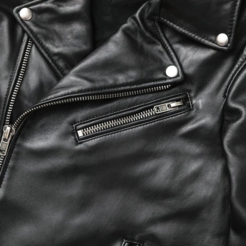 Herren schwarze echte Lederbikerjacke Gothic Motorrad asymmetrischer Reißverschluss Umlegekragen vorne