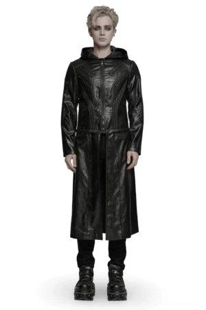 Herren schwarze Gothic Transformations-Jacke mit abnehmbarem Saum Frontalansicht Studio-Porträt männliches Model weiße Hintergrund Kunstleder Kapuze