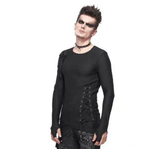 Herren schwarzes asymmetrisches Mesh-Lace-Up Gothic-Punk-Sweatshirt Vorderansicht mit Schnürverschluss-Details und fingerlose Manschetten gotischer Punk-Stil