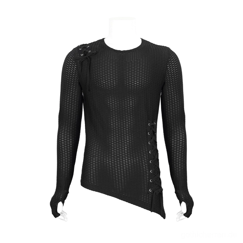 Herren schwarzes asymmetrisches Mesh-Lace-Up Sweatshirt Vorderansicht auf Schaufensterpuppe mit Schulter-Schnürdetail gotischer Punk
