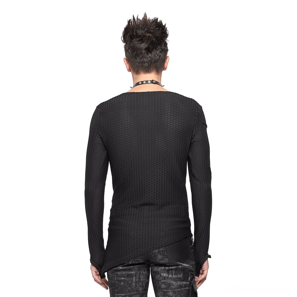 Schwarzes Mesh-Gothic-Punk-Sweatshirt Rückansicht zeigt asymmetrischen Saum und durchscheinende Honeycomb-Mesh-Textur gotische Ästhetik