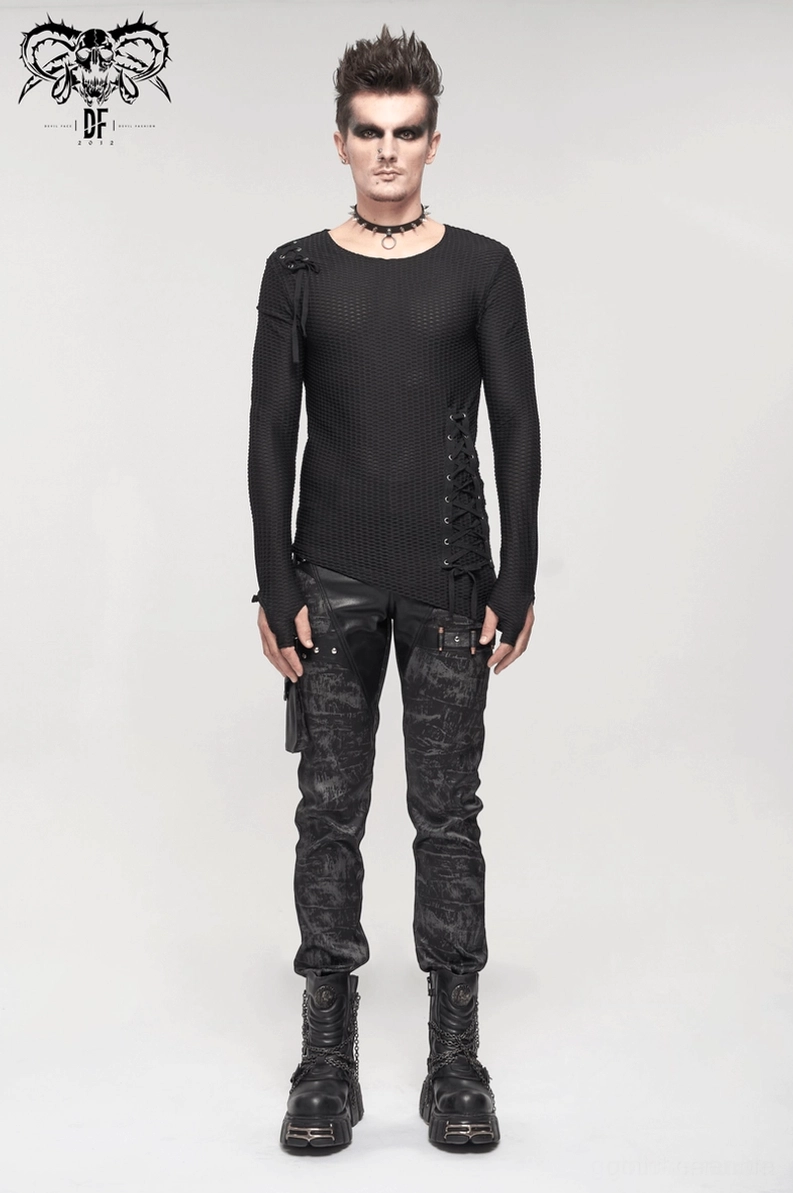 Herren schwarzes asymmetrisches Mesh-Gothic-Punk-Sweatshirt Accessoire-Styling mit Ketten und Armbändern gotische Mode