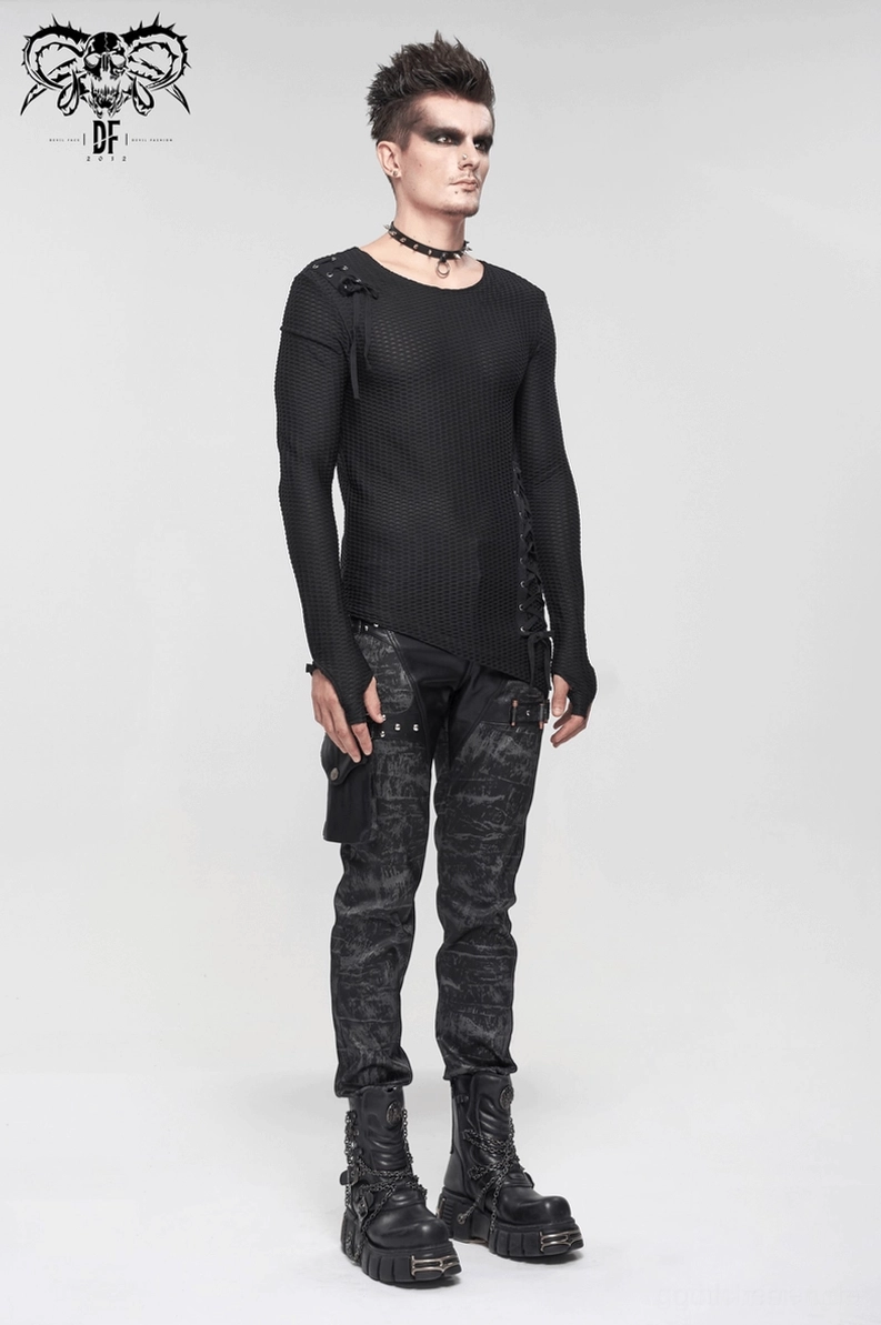 Schwarzes Mesh-Lace-Up-Gothic-Punk-Sweatshirt Rück-Drei-Viertel-Ansicht mit asymmetrischem Saum sichtbar Alternative