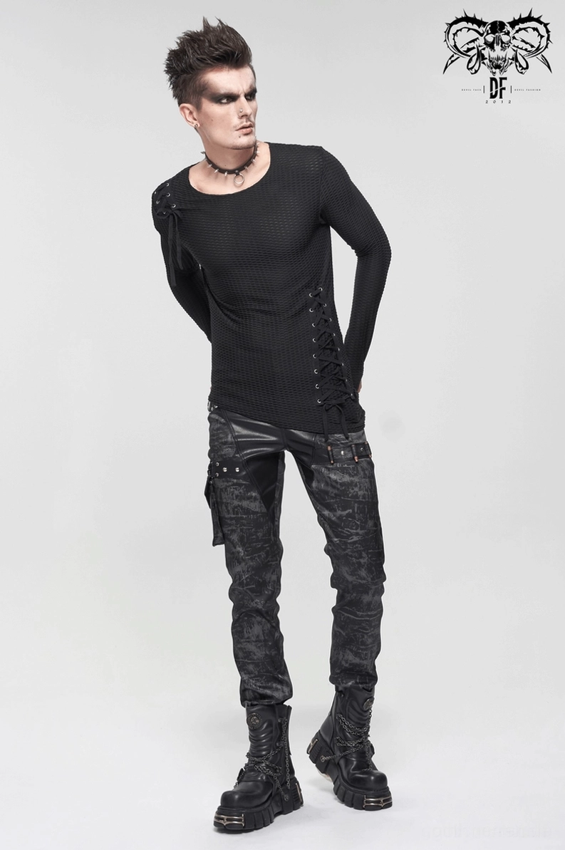 Herren schwarzes asymmetrisches Mesh-Sweatshirt Drei-Viertel-Ansicht zeigt Schnür-Details und Passform gotische Punk-Mode