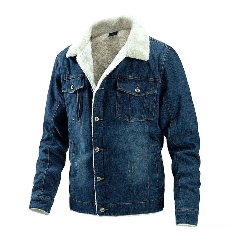 Herren-Sherpa-Denim-Trucker-Jacke mittelblaue Waschung mit Druckknopf-Brusttaschen, cremefarbener Sherpa-Fleece-Applikation und verstellbarem Bund - Detail-Produktfoto