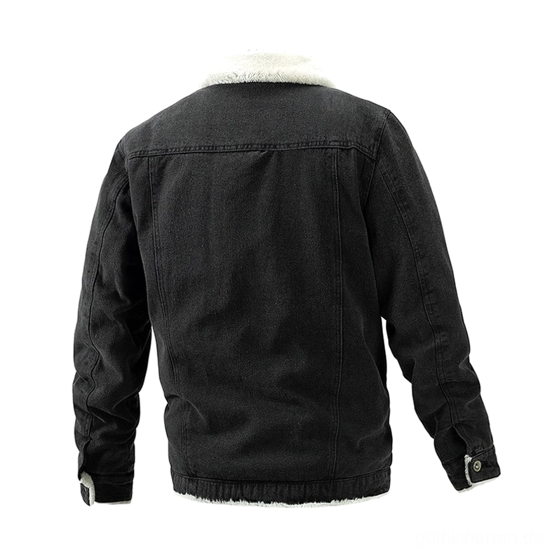 Herren-Sherpa-Denim-Trucker-Jacke Rückansicht mit tailierter Silhouette, strukturierten Schulternähten und sichtbarer innerer Fleece-Auskleidung - Flat-Lay-Produktfoto