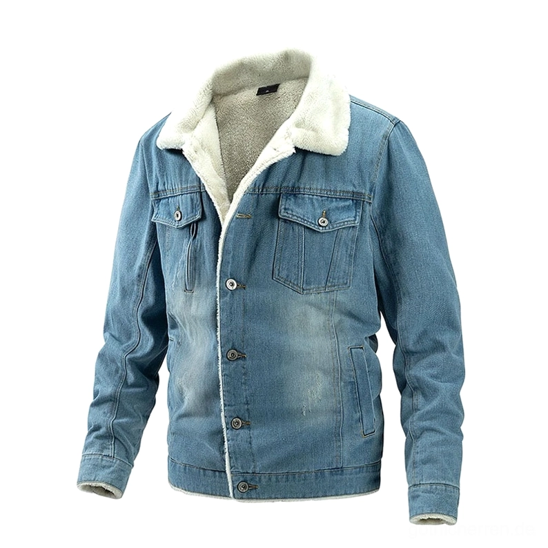 Herren-Sherpa-Denim-Trucker-Jacke hellblau gewaschen mit vollständigem Druckknopfverschluss, übergroßem Sherpa-Kragen und klassischer Trucker-Silhouette - Vorderansicht