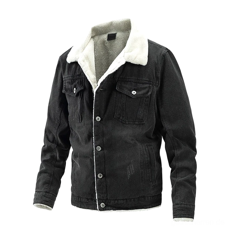 Herren-Sherpa-Denim-Trucker-Jacke Vorderansicht in Schwarz mit cremefarbener Sherpa-Fleece-Kragen, Druckknopfverschluss und doppelten Brusttaschen - Studio-Produktfoto