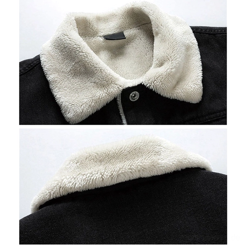 Herren-Denim-Sherpa-Jacke Kragen-Detail Nahaufnahme zeigt flauschige cremefarbene Sherpa-Fleece-Auskleidung, schwarzes Denim-Außenmaterial und saubere Nahtarbeit - Detailansicht