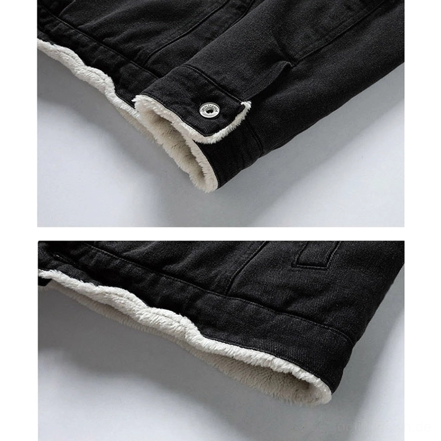 Herren-Denim-Sherpa-Jacke Manschetten-Detail Nahaufnahme zeigt schwarzen Denim, cremefarbene Sherpa-Fleece-Umrandung und verstellbaren Druckknopfverschluss - Detailfoto