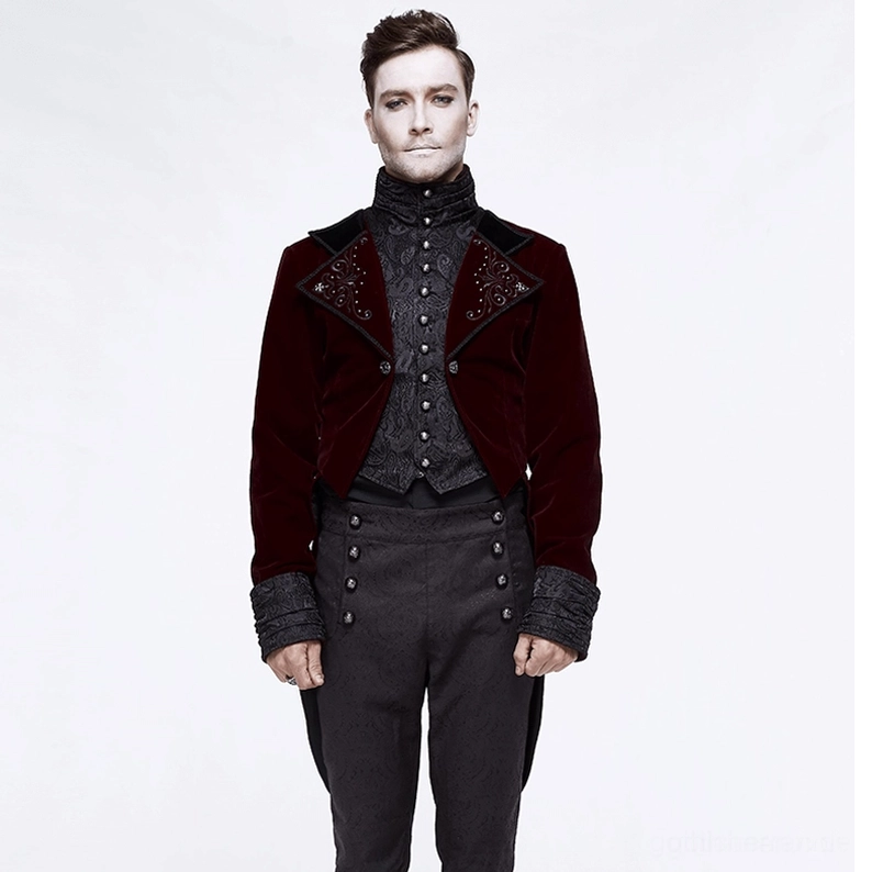 Männlicher Model in Herren-Steampunk-Anzug von Oberkörper bis Oberschenkel, zeigt hochstehenden Kragen und formale gotische Stilelemente des kompletten Outfit-Sets