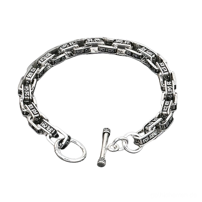 Herren S925 Sterling Silber Gothic Quadrat-Glieder Mantra Armband mit eingravierter Kette, Draufsicht auf weißem Hintergrund – elegantes gotisches Schmuckdesign