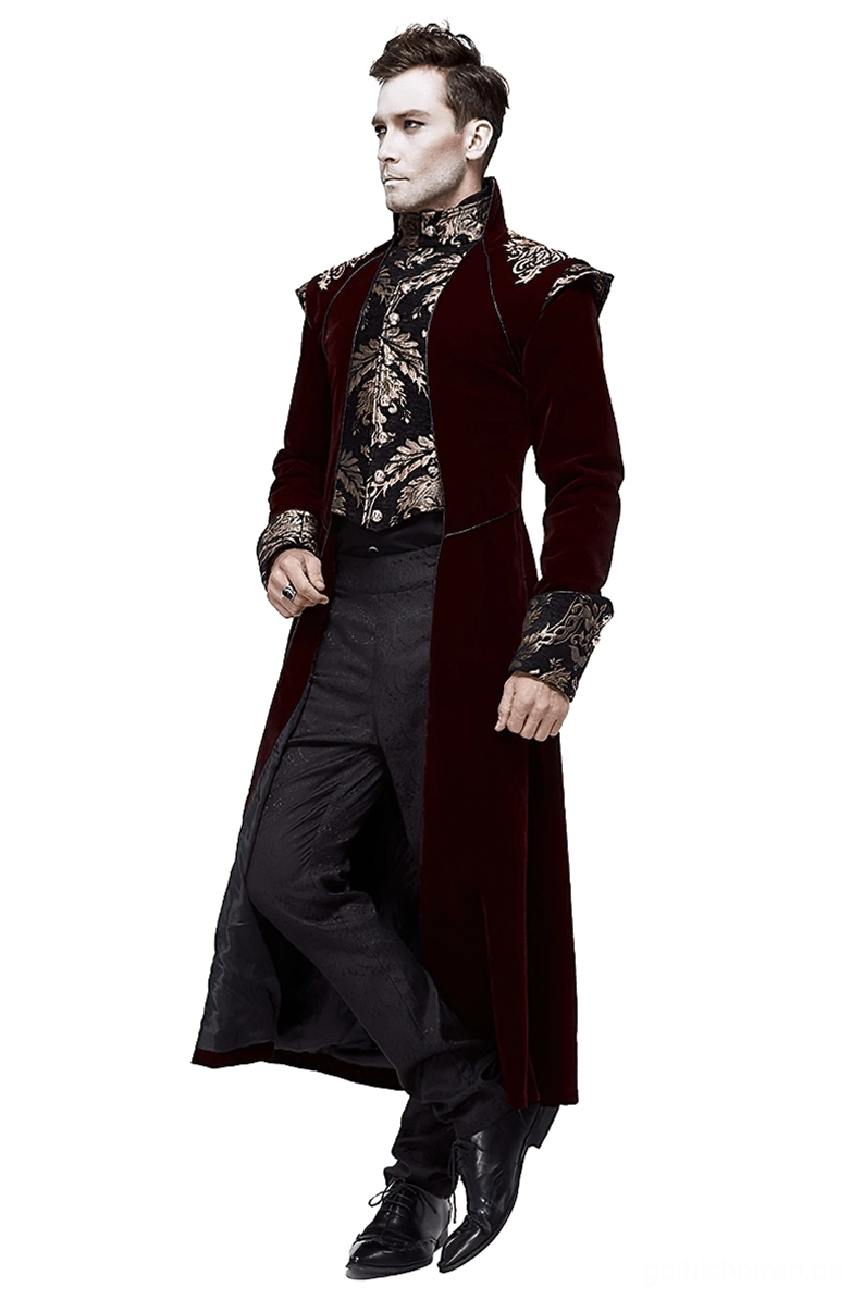 Herrn weindunkler Gothic-Gehrock mit Goldbrokade-Mustern auf Schultern und Brust – linke Dreiviertelansicht ganzer Körper elegant elegant formal