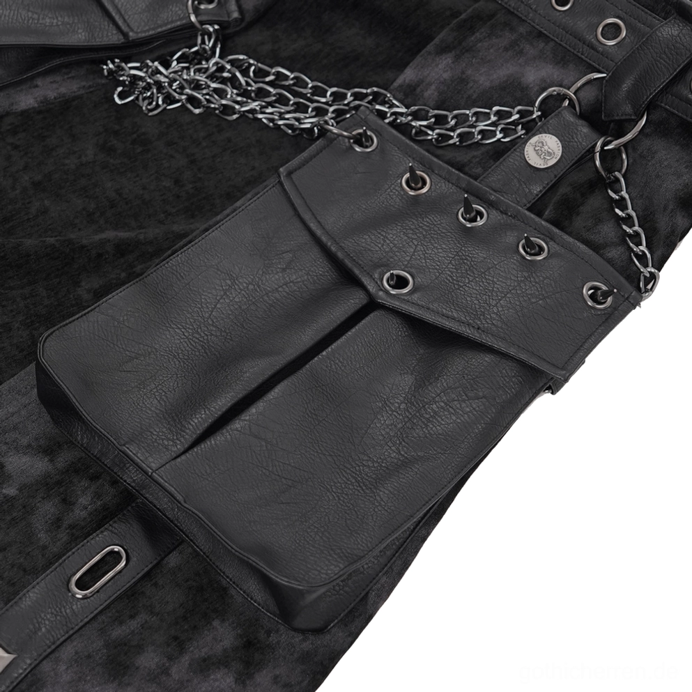 Herrenrock Gothic Rückansicht Kettenanbringungspunkte Ledertaschen-Konstruktion und asymmetrisches Split-Saum Design von hinten