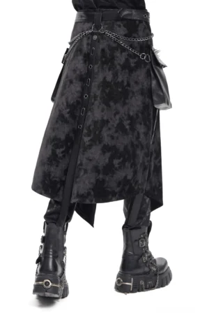 Gothic Männerrock Seitenansicht Profil mit ungleichmäßigem Saum Grommet-Details und Lederhosenträger funktionales Mehrfach-Taschensystem