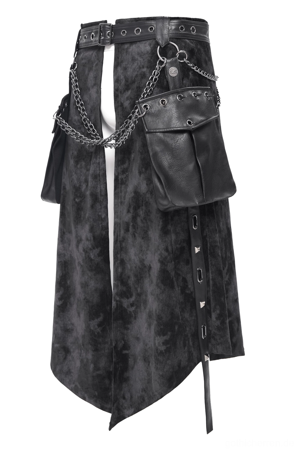 Herrenrock Gothic Seitenansicht Grommet-Trim Metallketten-Details Ledertasche mit Kettenverbindung und textile Verarbeitung