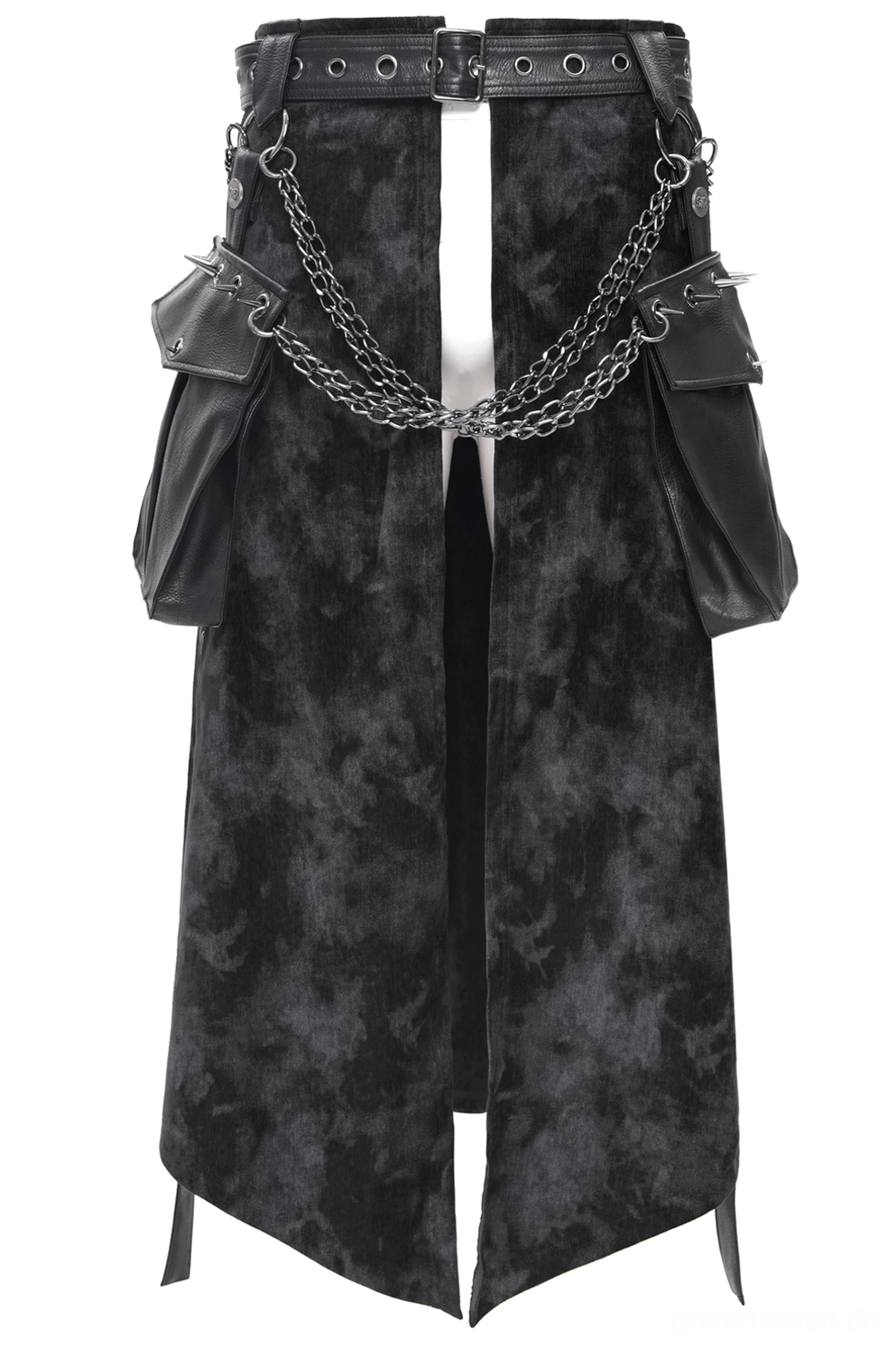 Gothic Herrenrock Vorderansicht zentriert asymmetrischer Split-Saum Grommet-Gürtel verstellbare Riemen und metallische Hardware Detail