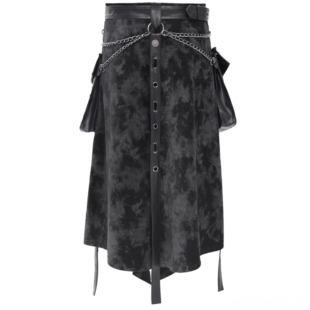 Männerrock Gothic Vorderansicht Grommet-Riemen hängende Metallketten Industrial-Hardware und asymmetrisches Split-Design schwarze Ästhetik