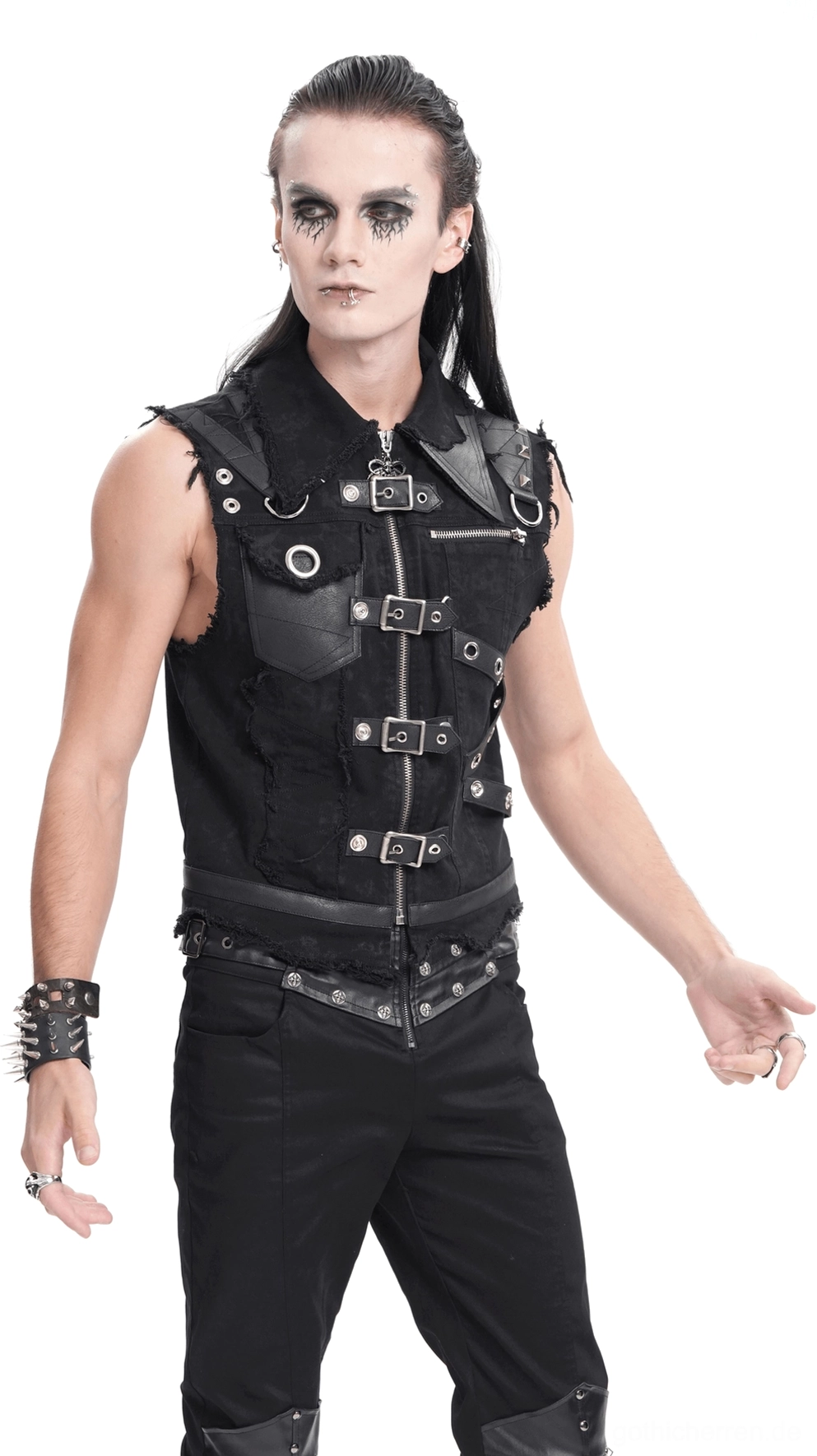 Herrenweste Gothic Buckle Weste Seitendetail Industrial Hardware Riemen Design Metallbeschlag Nahansicht