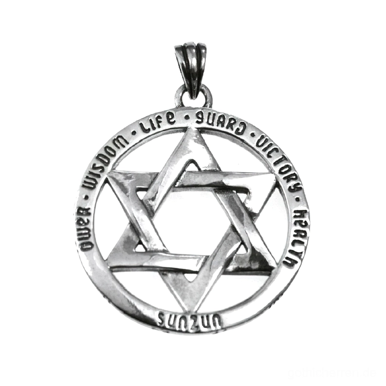 Hexagramm Davidstern Silberanhänger Draufsicht flache Lage mit feinen gravierten Rändern hohlem Sterngravur gotischer Vintage-Stil 925er Sterlingsilber okkulter Schmuck