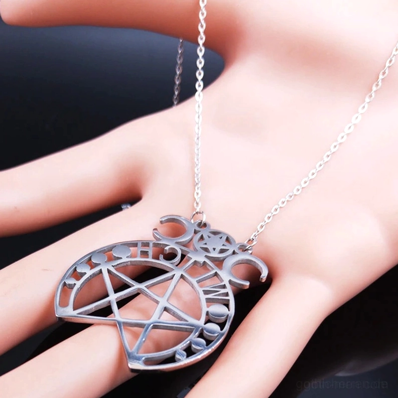 Hexen Pentagramm Gothic Halskette Edelstahl Gliederkette Link-Konstruktion Detail robuste Verarbeitung langlebig
