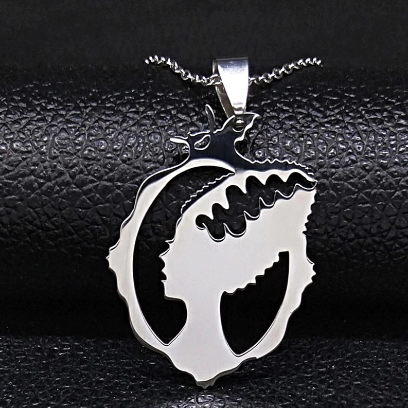 Hexen Silhouette Mondsichel Mondphasen Pentagramm Edelstahl Gothic Halskette Silberton durchbrochenes Design Okkulte Symbolik
