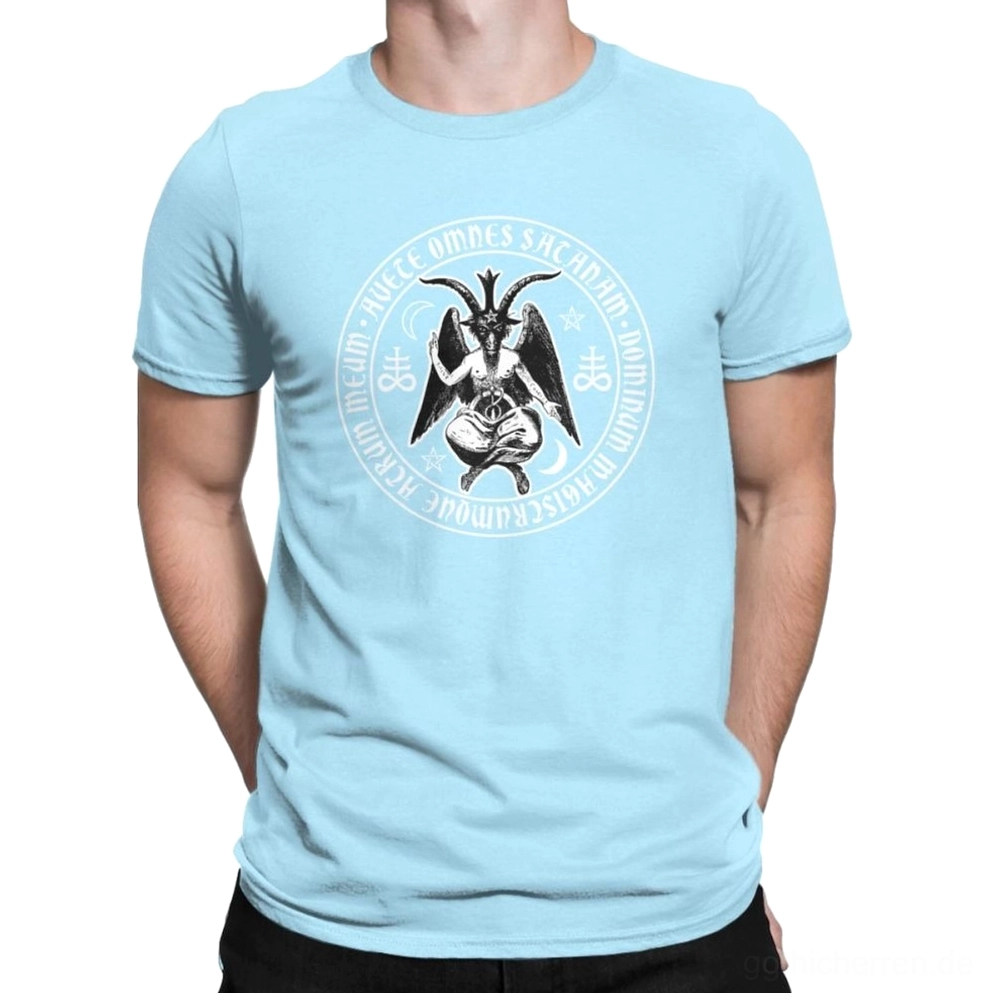 Himmelblau farbiges Baphomet Siegel Gothic-T-Shirt für Herren mit pastellfarbenem Druck und lateinischen Symbolen auf der Brust
