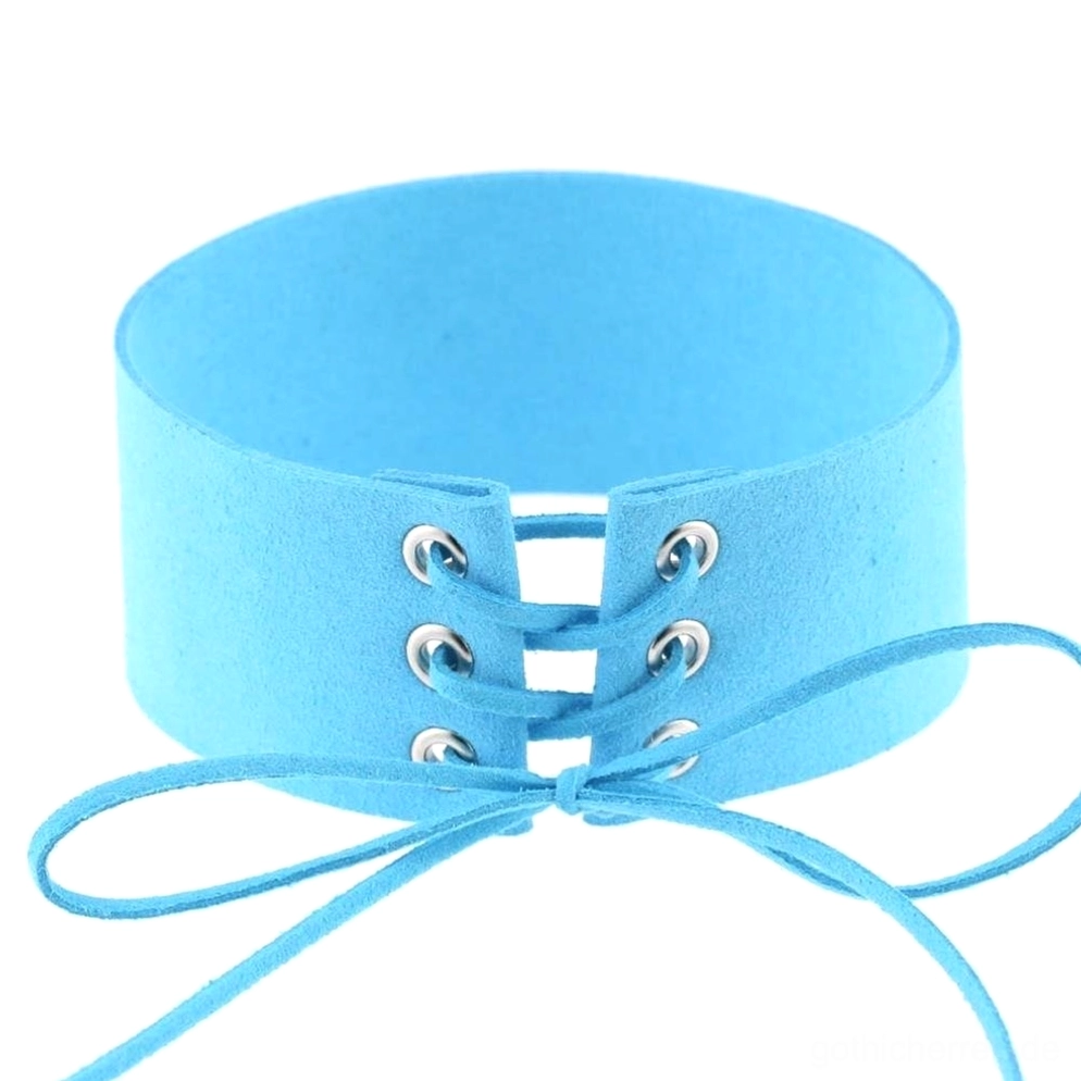 Himmelblau Velourssamt Halsband mit Schleife Schnürung und Metall-Ösen Details romantic goth
