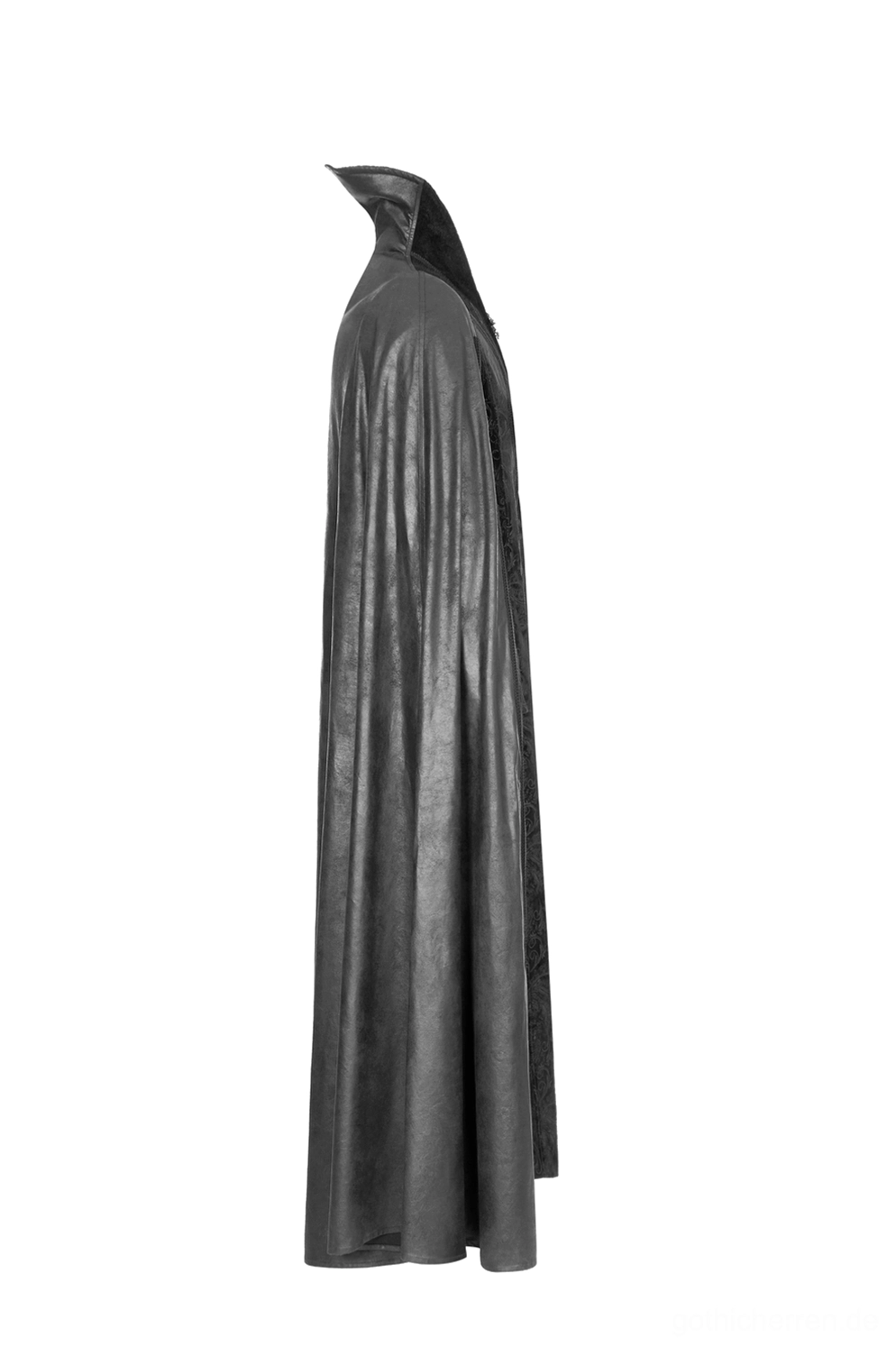 Hooded Gothic Samt-Herrenmantel Seitenprofil-Ansicht, drapierte Silhouette, verborgene integrierte Kapuze, fließender Stoff, solider schwarzer hochwertiger Samt mit dramatischer Präsenz