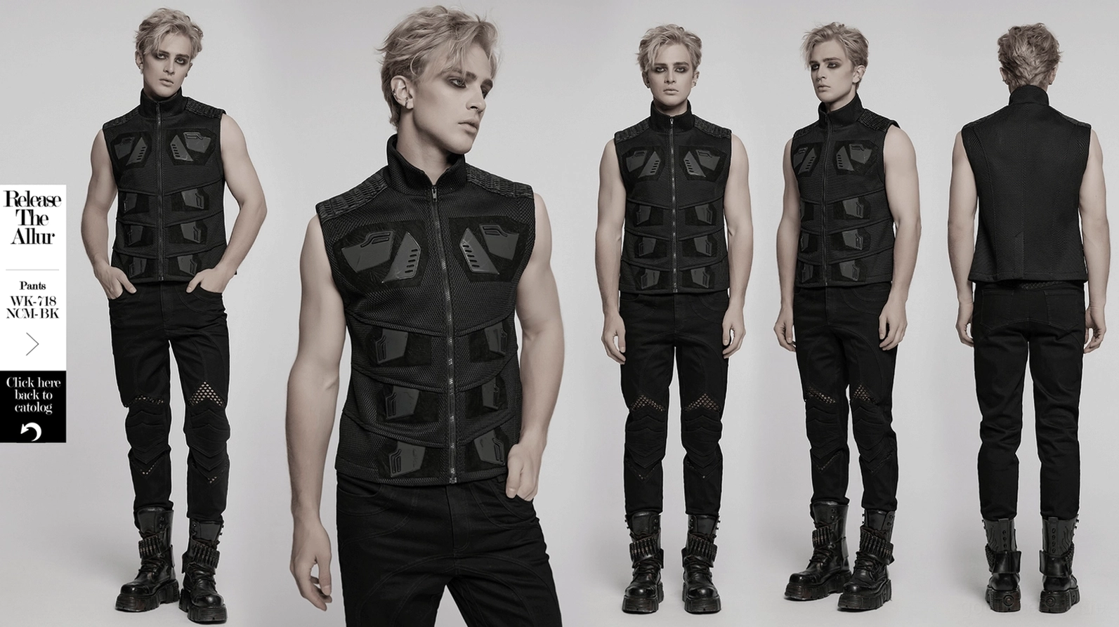 Detailaufnahme der 3D-Gummirüstungs-Segmentierung an der Industrial-Gothic-Tactical-Weste, schwarze Polyester-Mesh-Konstruktion, geometrische taktische Patches, Nahaufnahme