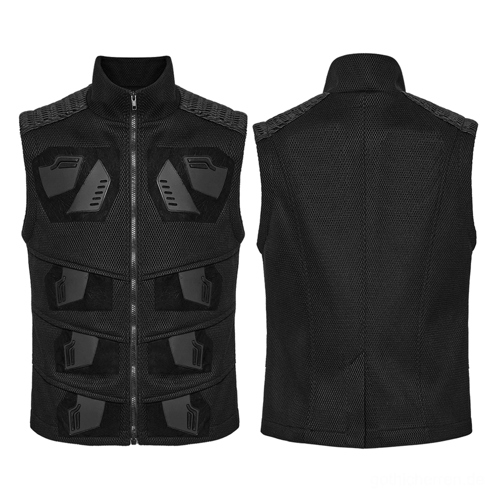 Flat-Lay Vorder- und Rückanzeige der schwarzen Mesh- und Synthetikleder-Gothic-Tactical-Weste, 3D-Gummidekorative Applikationen, Steh-Reißverschluss-Kragen, taktische Rüstungs-Ästhetik
