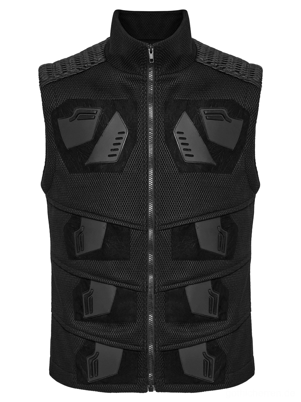 Vorder-Flat-Lay-Nahaufnahme der Industrial-Gothic Tactical Weste, schwarzer Steh-Reißverschluss-Kragen, 3D futuristische Gummipanzer-Patches, gewebter Mesh-Stoff-Konstruktion