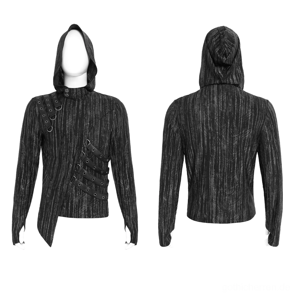 Paar von Display-Mannequins tragen Cyberpunk Kapuzenpullover, Vorder- und Rückansicht mit asymmetrischem Saum, schwarze Streifen-Strickstruktur